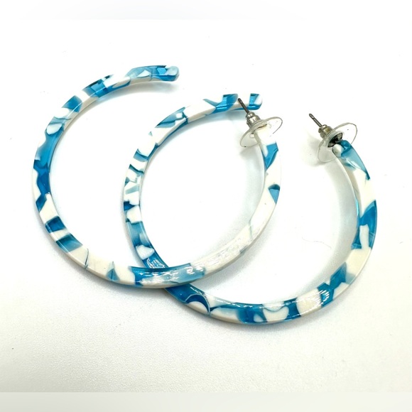 Turquoise Aqua & White Large Hoop Pierced Earrings-Retro Look! - Picture 10 of 10